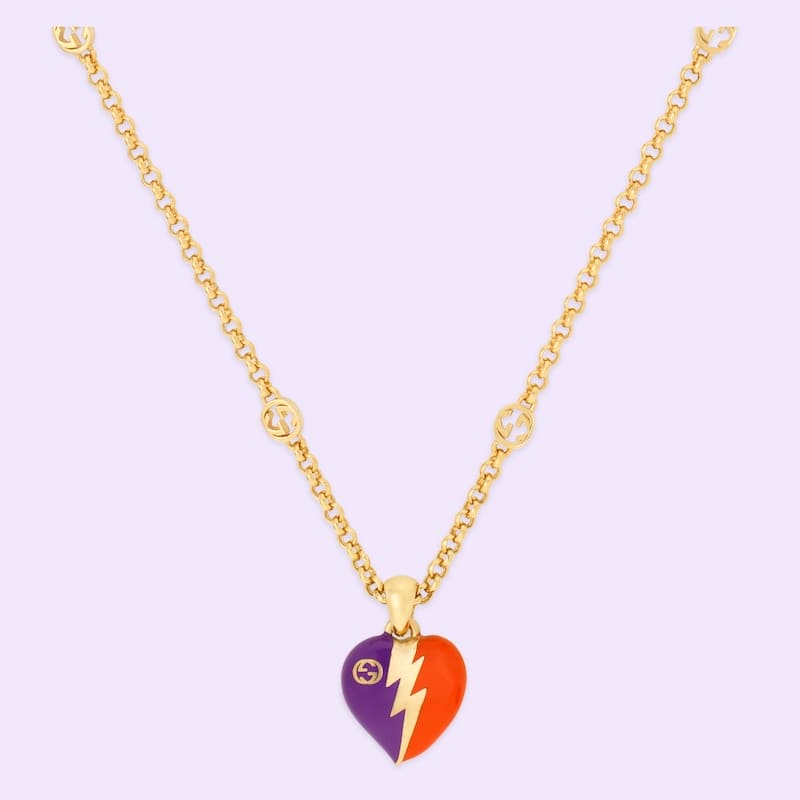 18K Double Gucci Interlocking Gucci Heart Lightning Charm Necklace