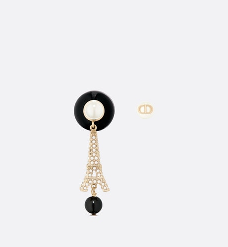 18K Dior Tribales Eiffel Tower Charm Black Pearls Earrings