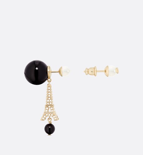 18K Dior Tribales Eiffel Tower Charm Black Pearls Earrings