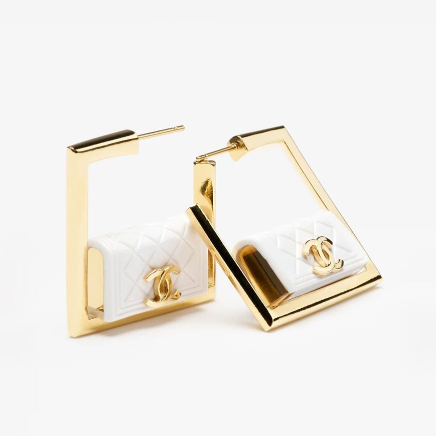 18K  Chanel White Bag Hoop Earrings