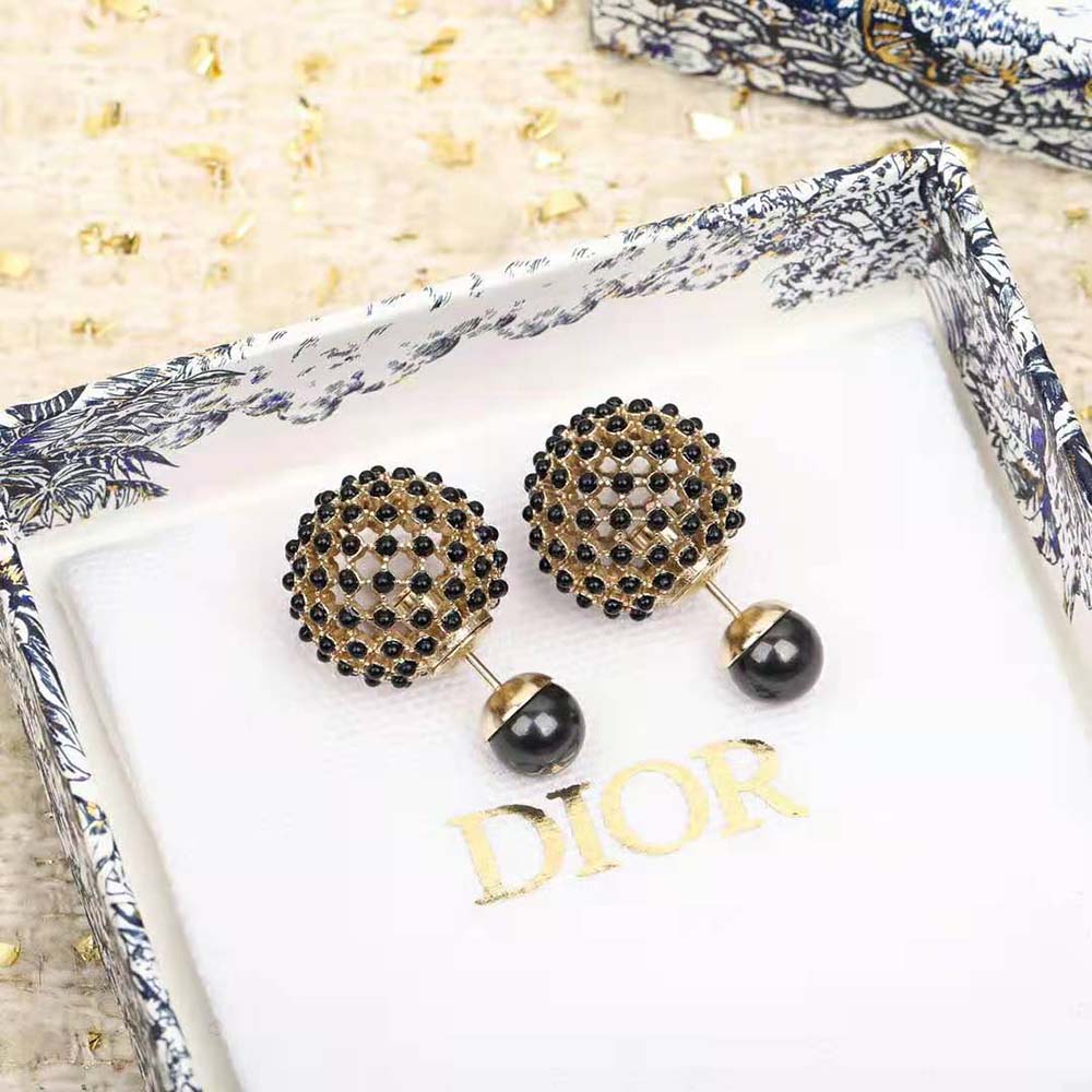 18K Dior Tribales Black Stone-Effect Resin Pearls Earrings
