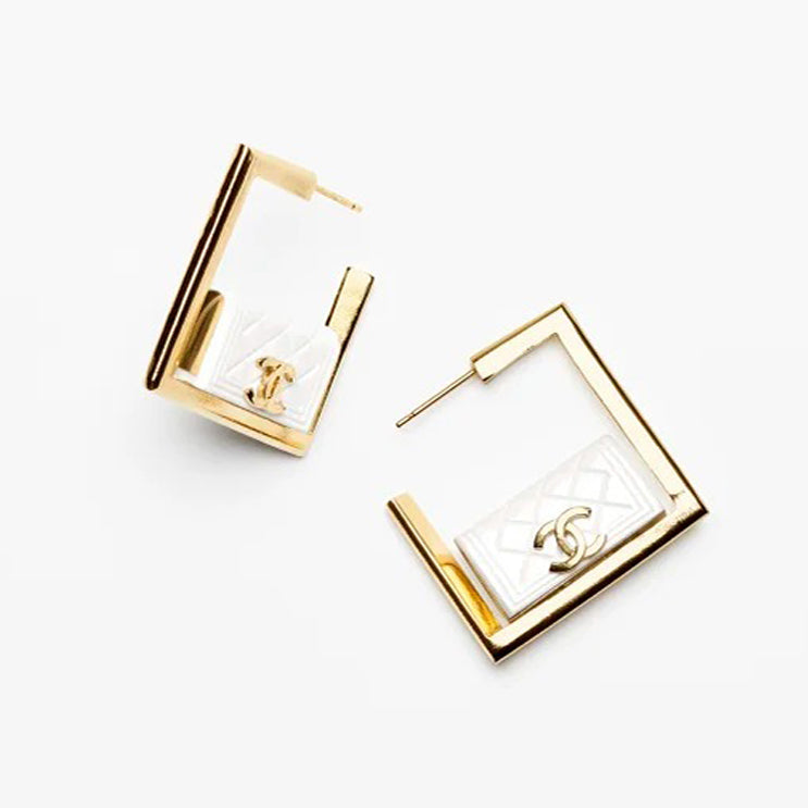 18K  Chanel White Bag Hoop Earrings