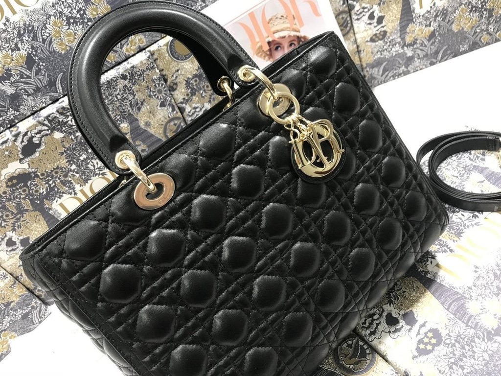 DIOR LARGE LADY BAG 32CM BLACK CANNAGE LAMBSKIN