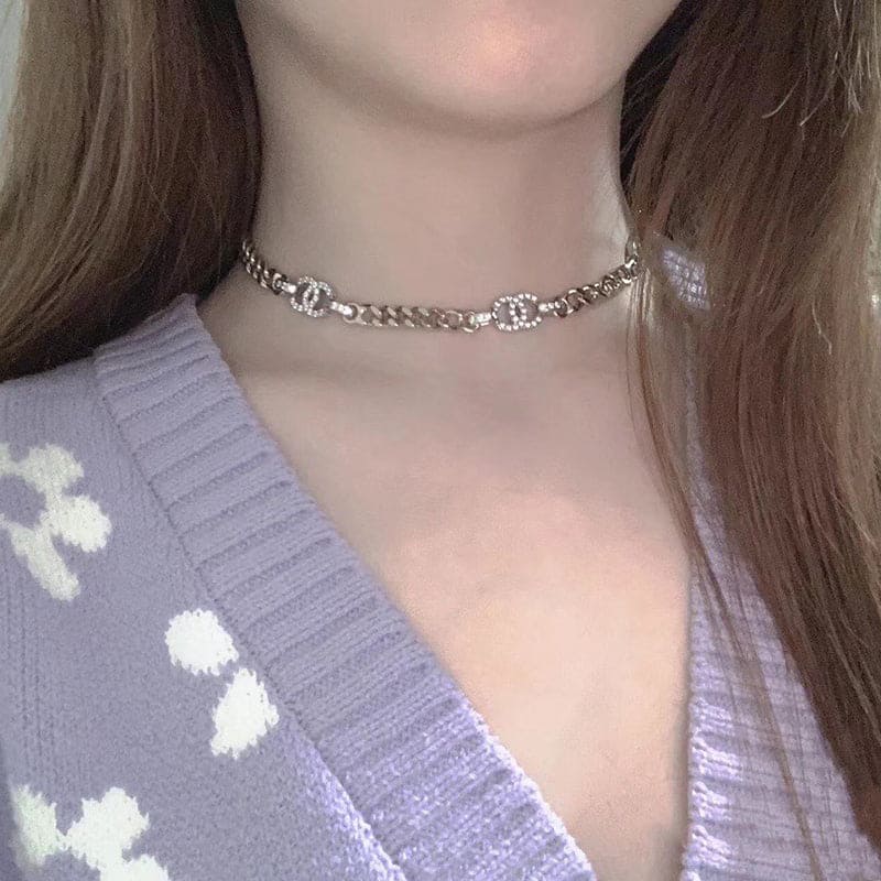 18K Crystal  Chanel Chain Links Choker Necklace