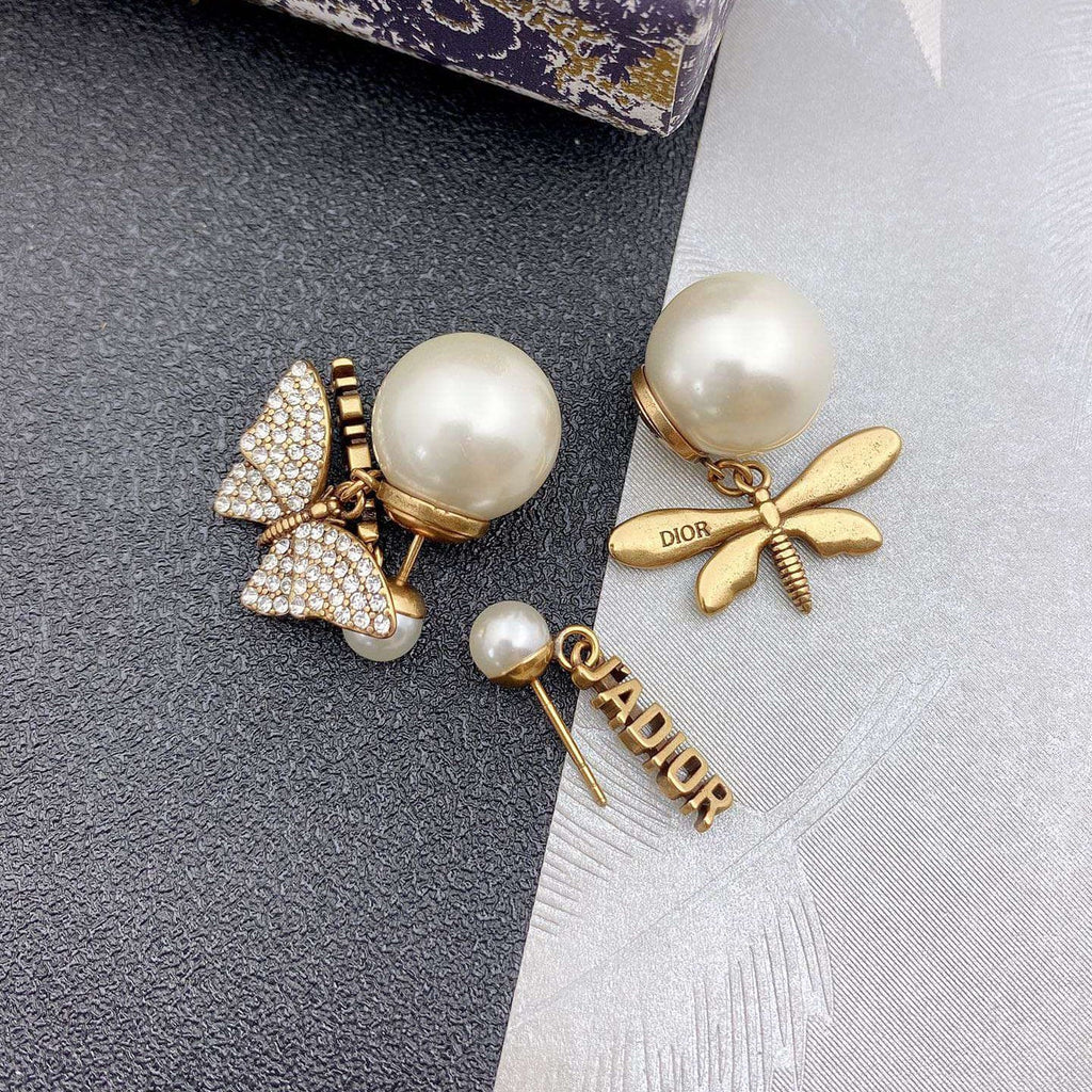 18K Dior Dragonfly/ Butterfly Pearl Earrings