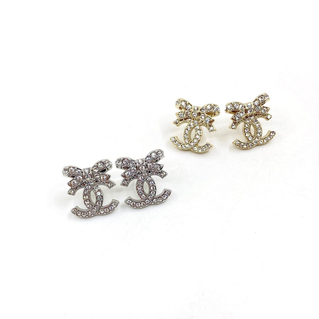 18K  Chanel Strass Bow Stud Earrings