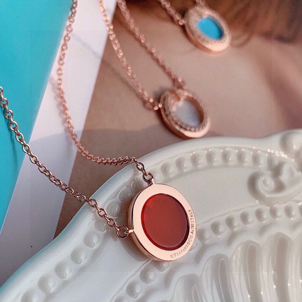 18K Tiffany Diamond & Turquoise Circle Pendant Necklace