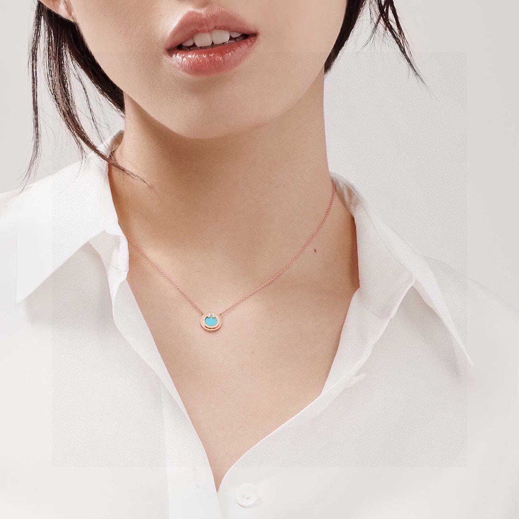18K Tiffany Diamond & Turquoise Circle Pendant Necklace