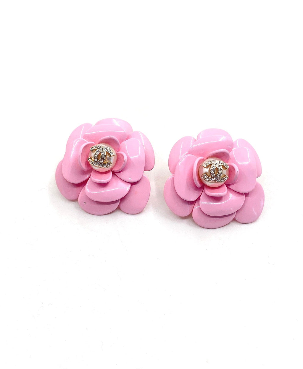 18K  Chanel Pink Camellia Resin Earrings