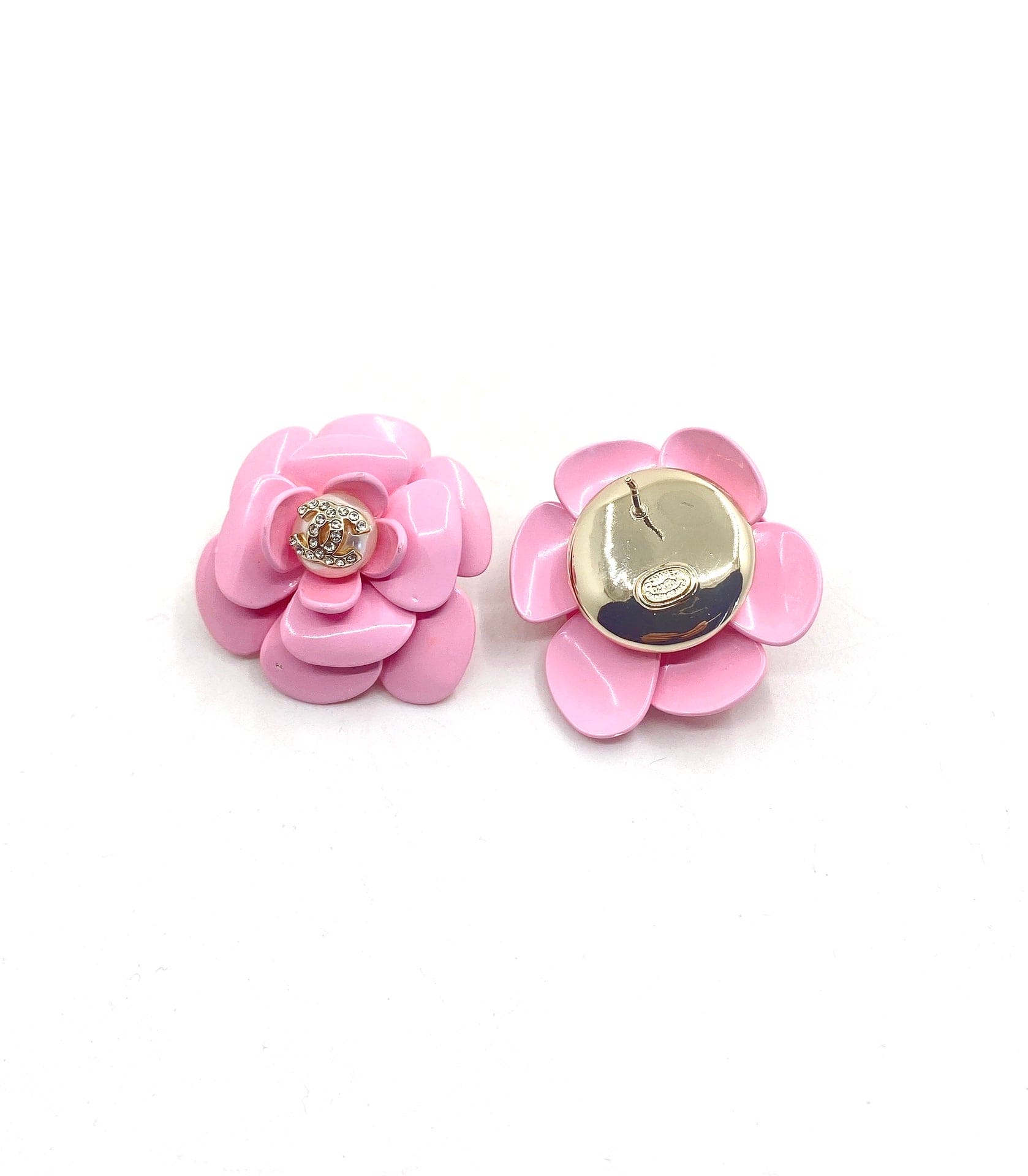 18K  Chanel Pink Camellia Resin Earrings