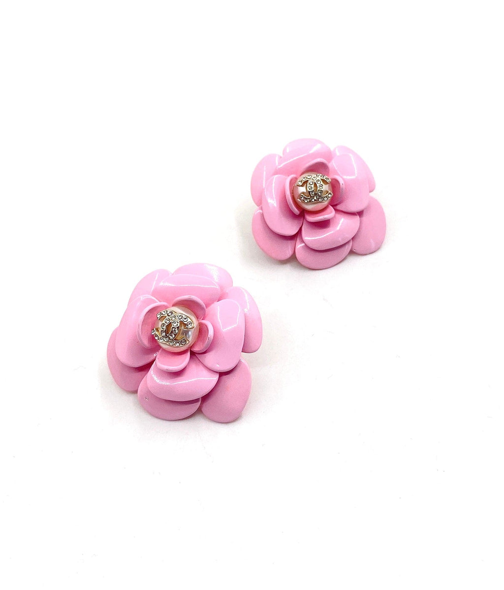 18K  Chanel Pink Camellia Resin Earrings