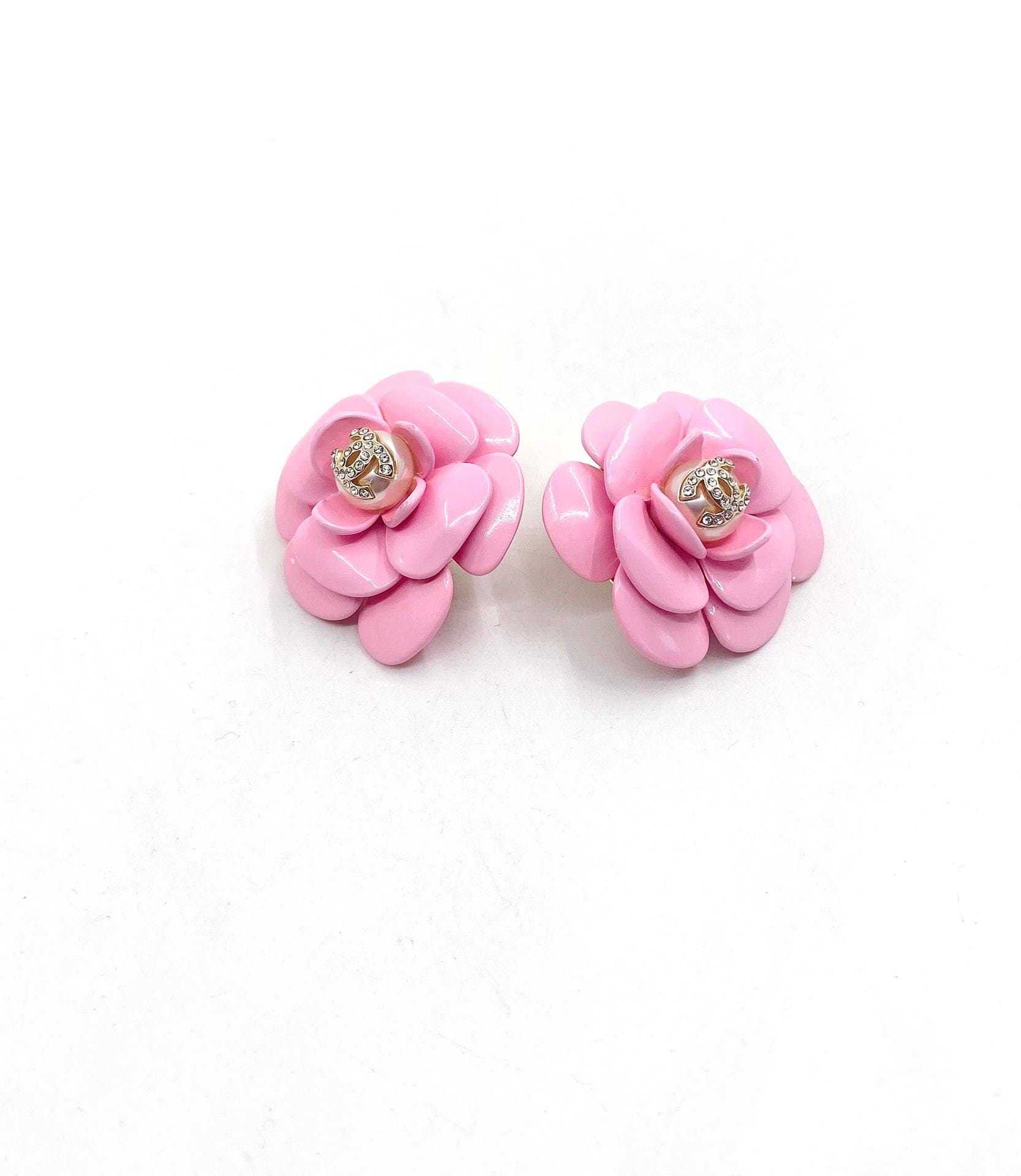18K  Chanel Pink Camellia Resin Earrings
