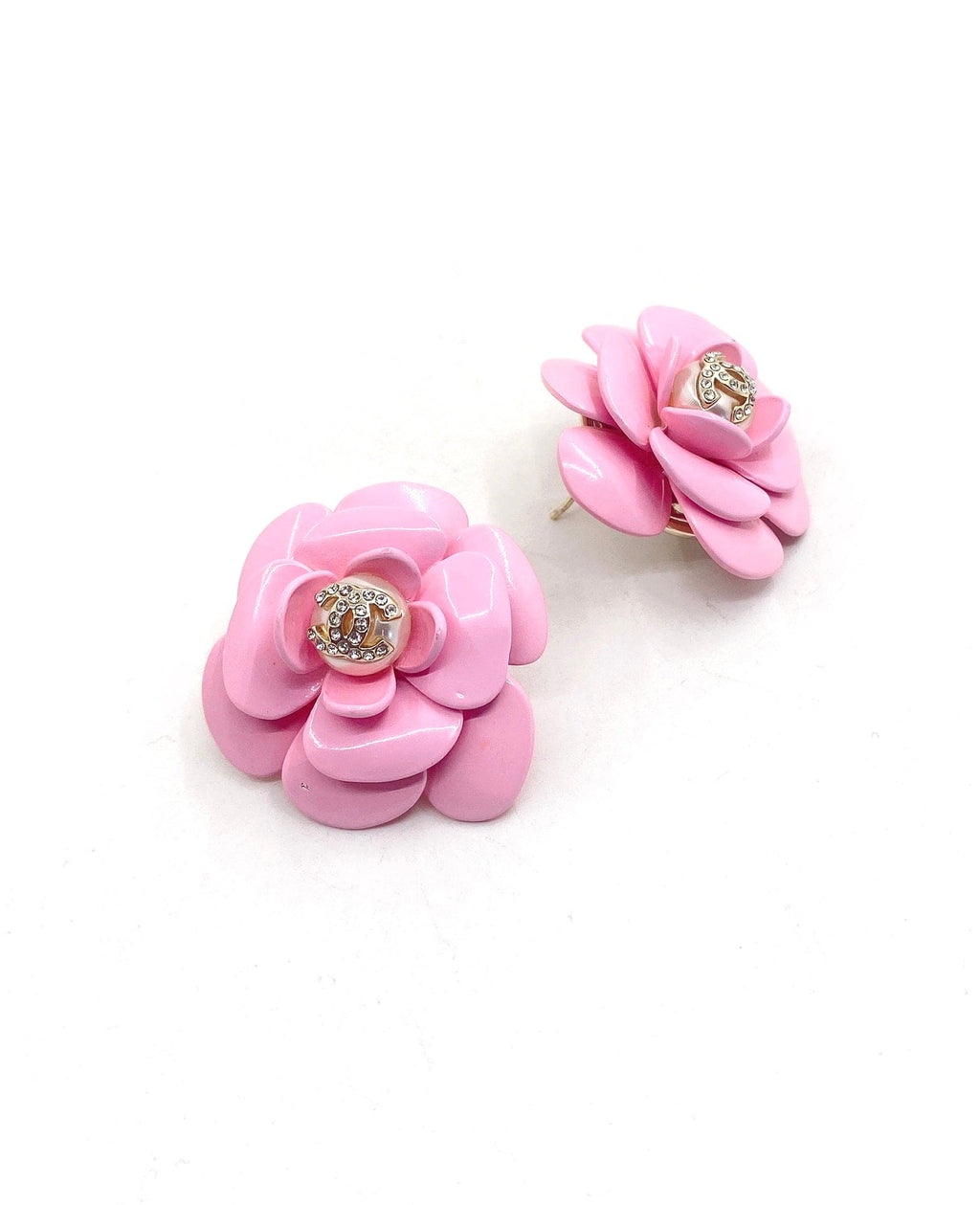 18K  Chanel Pink Camellia Resin Earrings