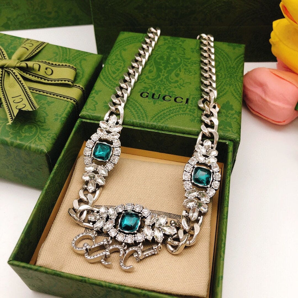 18K Double Gucci Script Diamonds Necklace