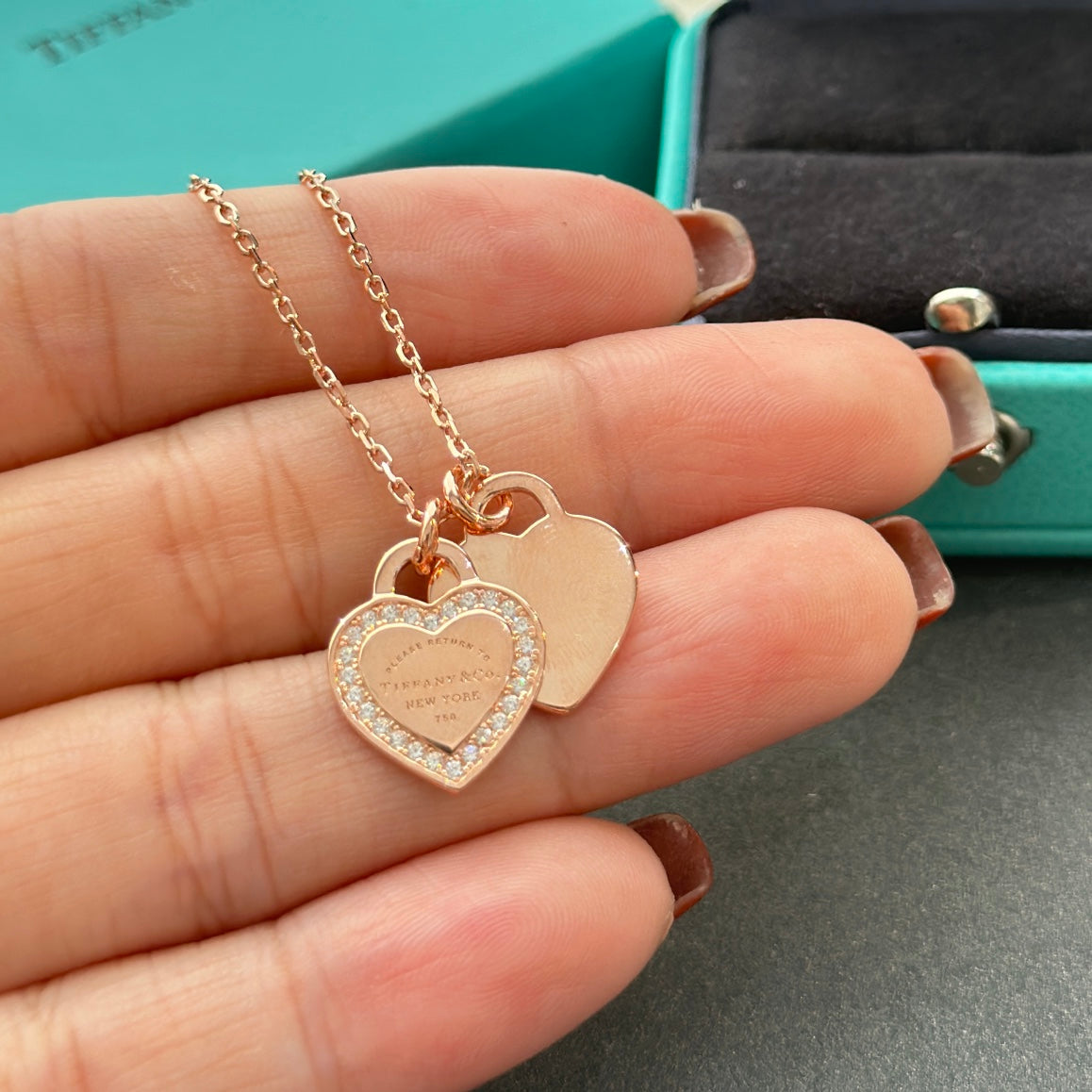 18K Tiffany Red Double Heart Diamond Necklaces
