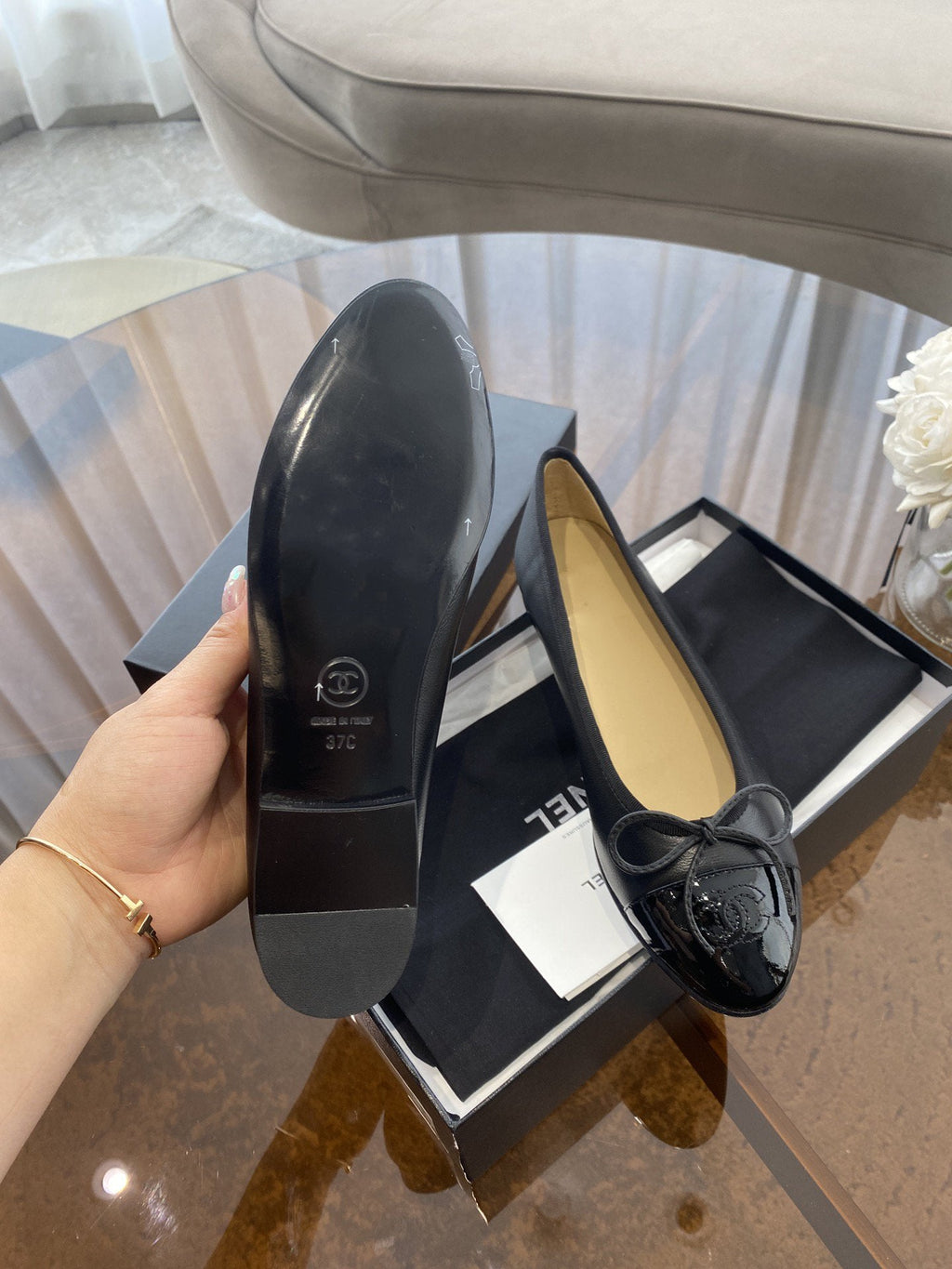 CHANEL BALLET FLATS BLACK BEIGE LAMBSKIN