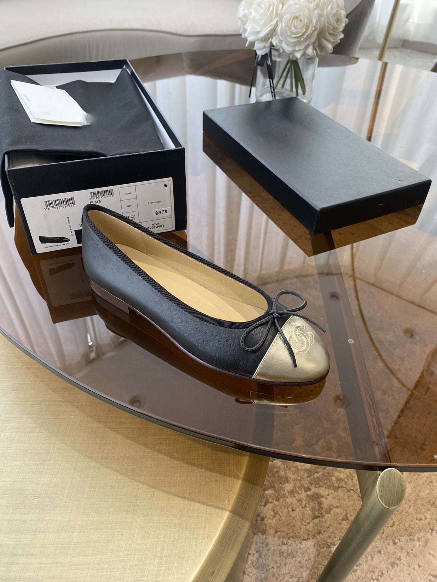 CHANEL BALLET FLATS BLACK LIGHT GOLD LAMBSKIN