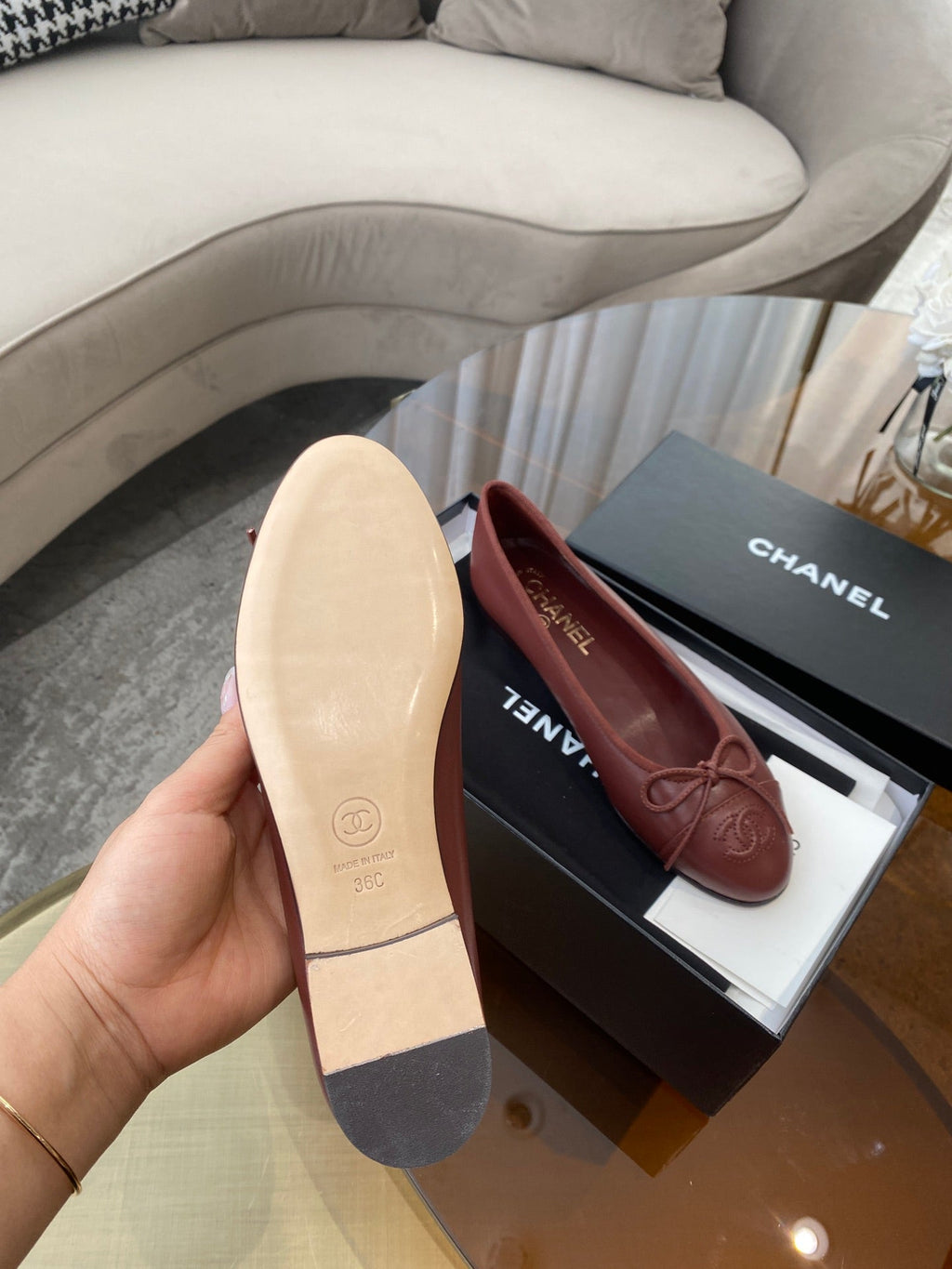 CHANEL BALLET FLATS BURGUNDY LAMBSKIN