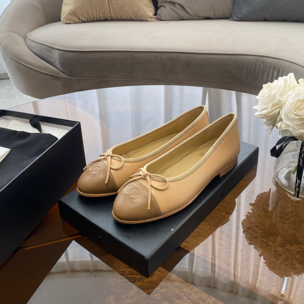 CHANEL BALLET FLATS BEIGE BROWN LAMBSKIN