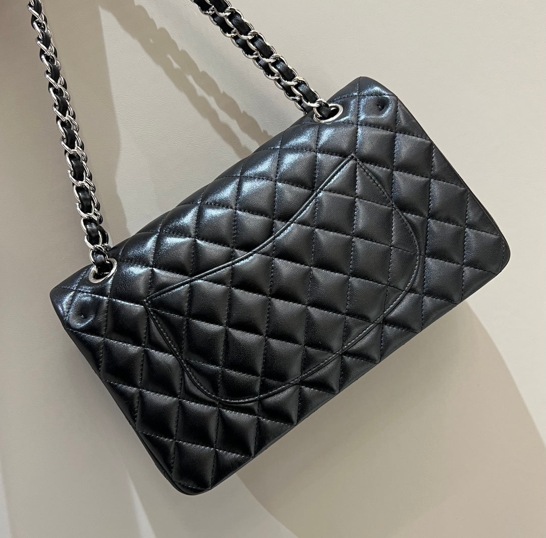 CHANEL FLAP BAG 25CM SILVER HARDWARE BLACK LAMBSKIN