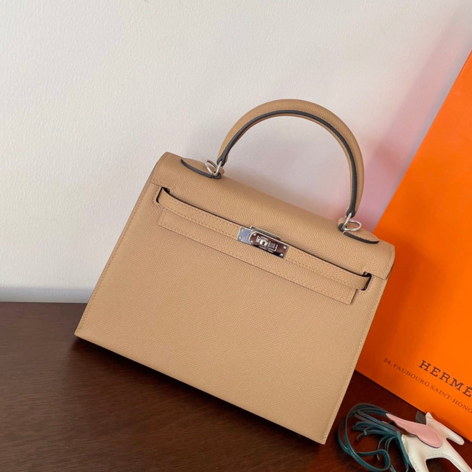 HERMES KELLY 25CM BEIGE EPSOM LEATHER SILVER HARDWARE