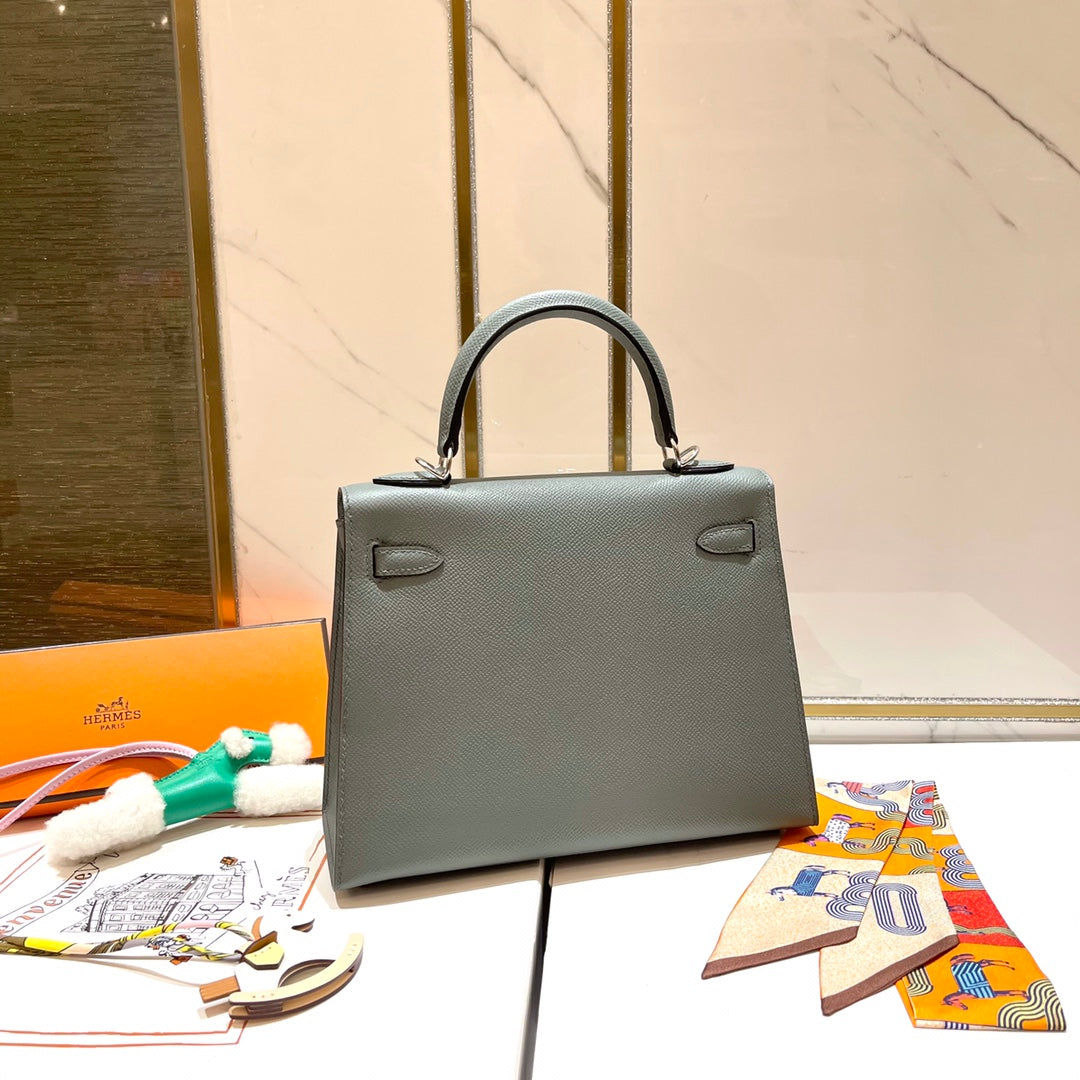 HERMES KELLY 25CM GRIS MOUETTE EPSOM LEATHER SILVER HARDWARE