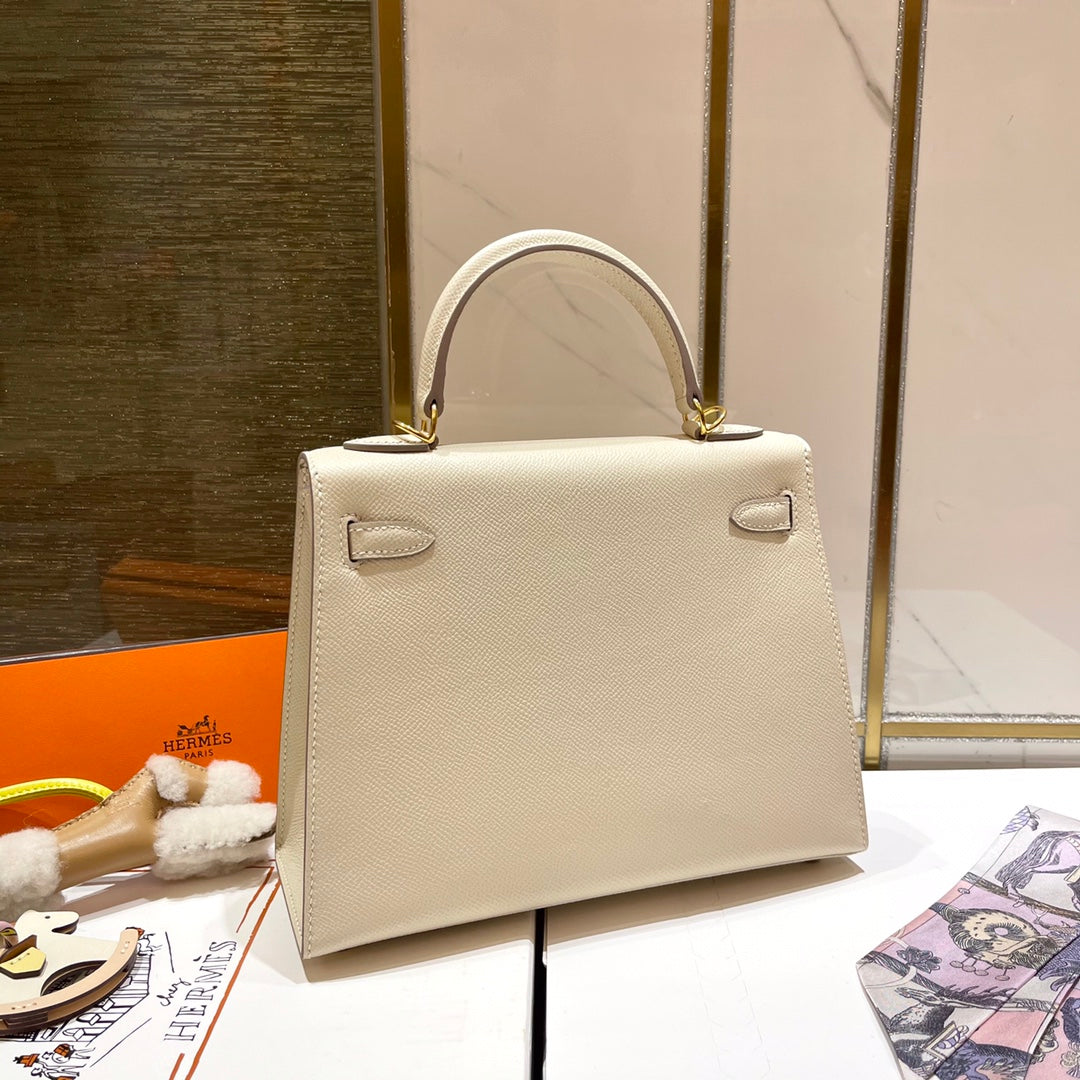 HERMES KELLY 25CM WHITE EPSOM LEATHER GOLD HARDWARE