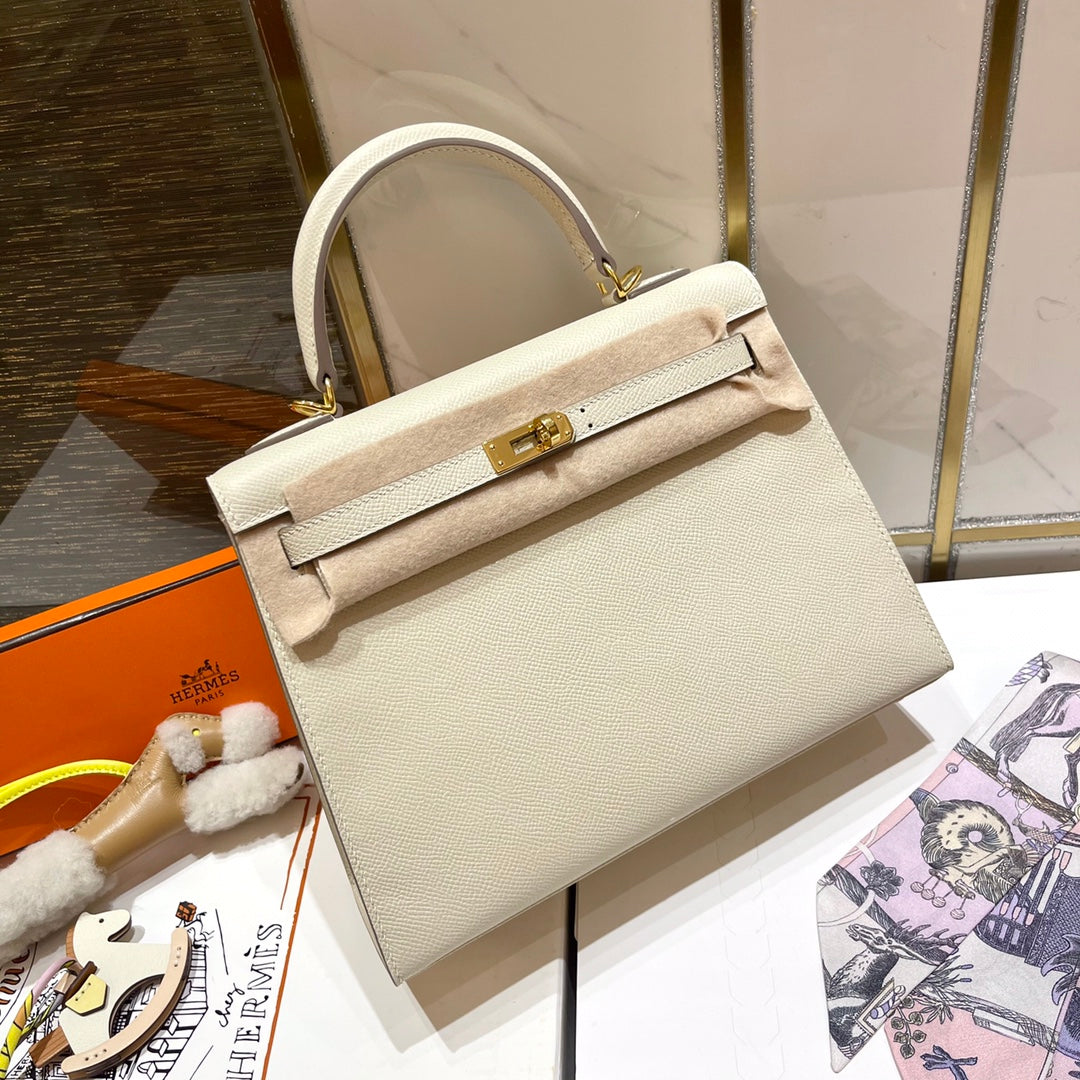 HERMES KELLY 25CM WHITE EPSOM LEATHER GOLD HARDWARE