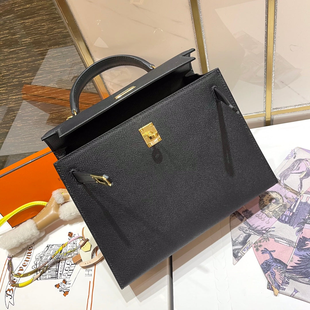 HERMES KELLY 25CM BLACK EPSOM LEATHER GOLD HARDWARE