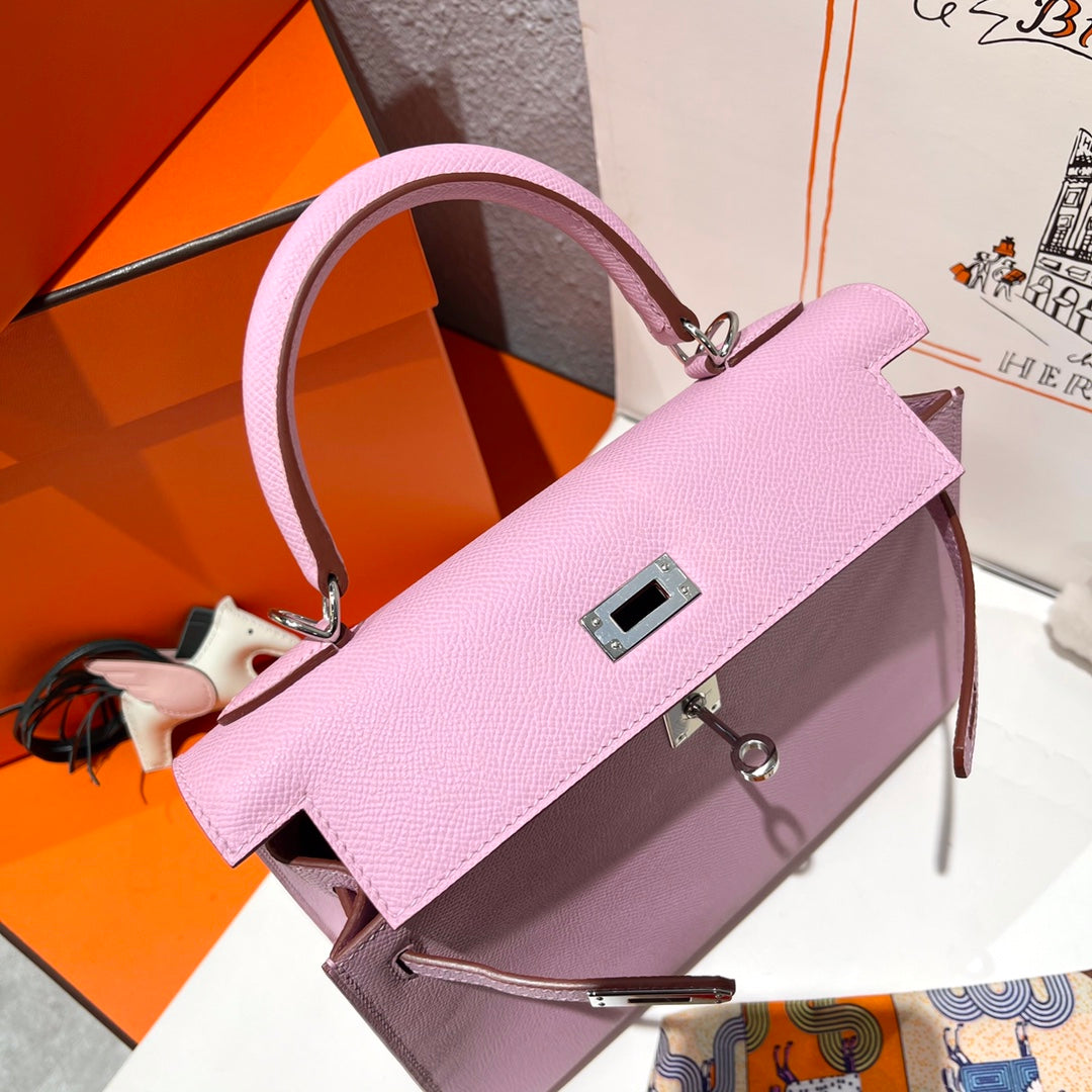 HERMES KELLY 25CM PINK EPSOM LEATHER SILVER HARDWARE