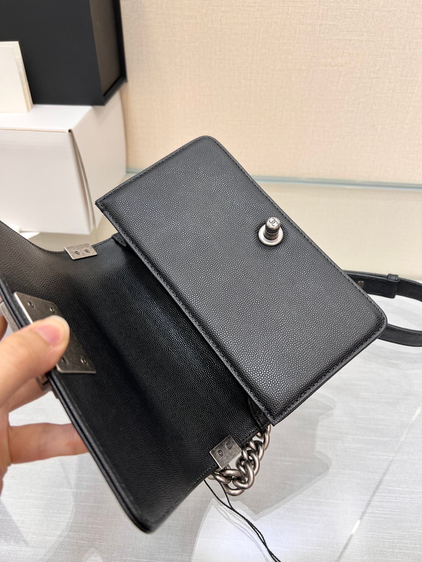 CHANEL BOY BAG SMALL 20 BLACK CHEVRON CAVIAR RUTHENIUM HARDWARE