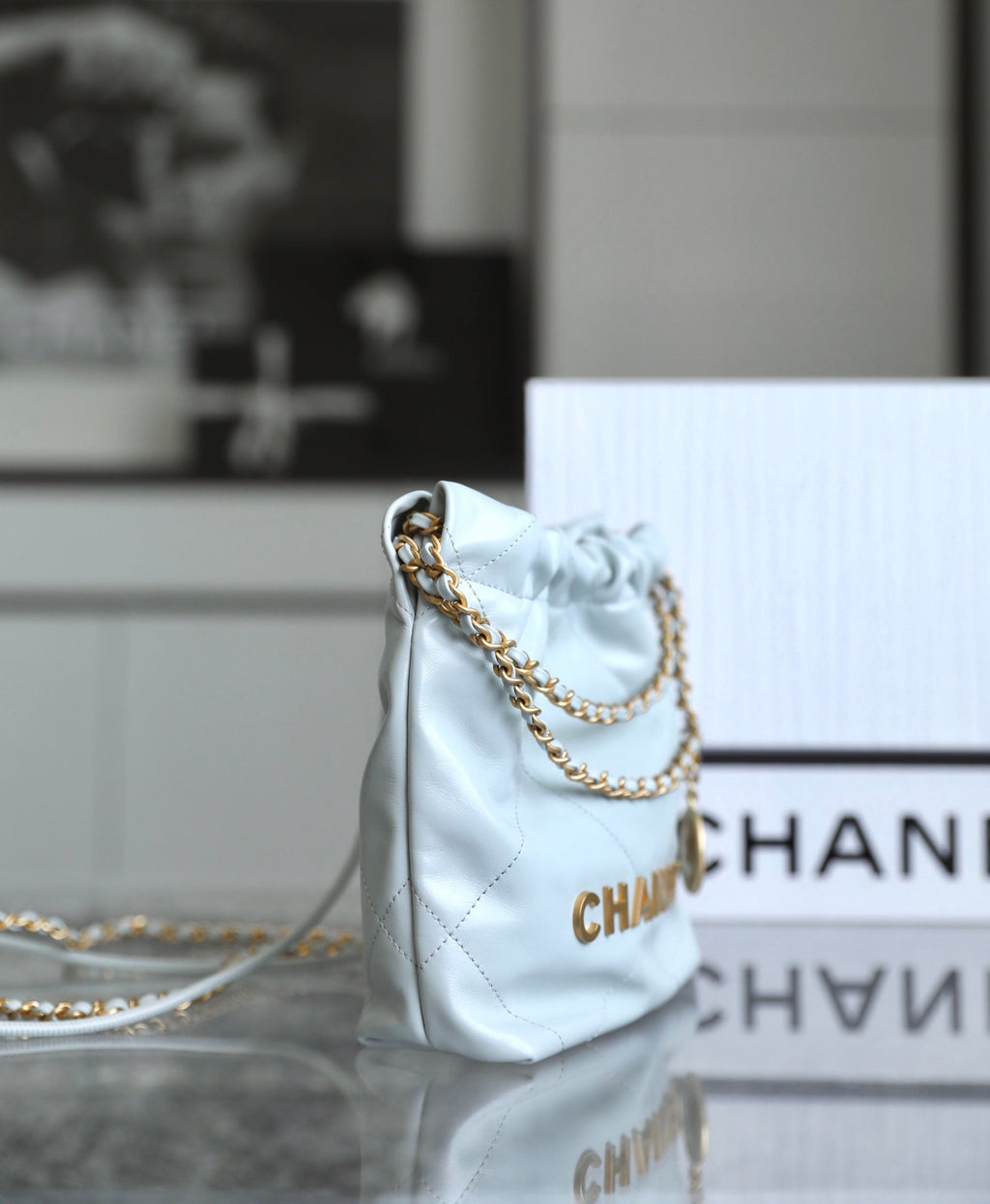 CHANEL 22 ANTIBA HOBO BAG LIGHT BLUE 20CM