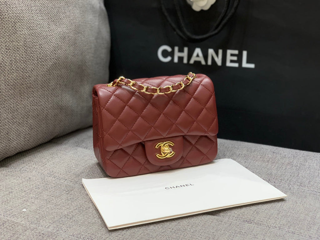 CHANEL MINI SQUARE FLAP BAG 17CM BURGUNDY LAMBSKIN GOLD HARDWARE