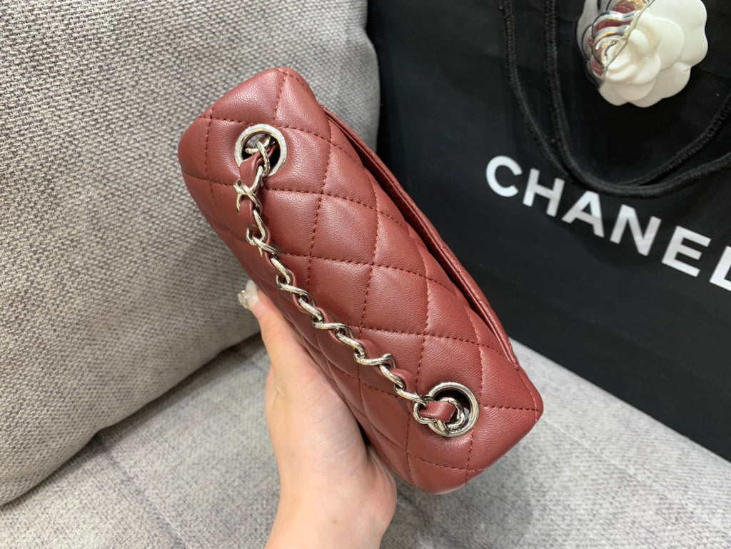 CHANEL MINI SQUARE FLAP BAG 17CM BURGUNDY LAMBSKIN SILVER HARDWARE