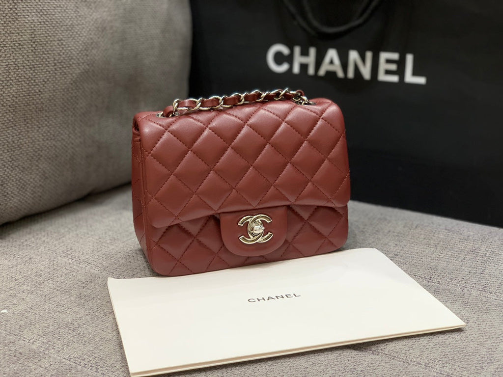 CHANEL MINI SQUARE FLAP BAG 17CM BURGUNDY LAMBSKIN SILVER HARDWARE