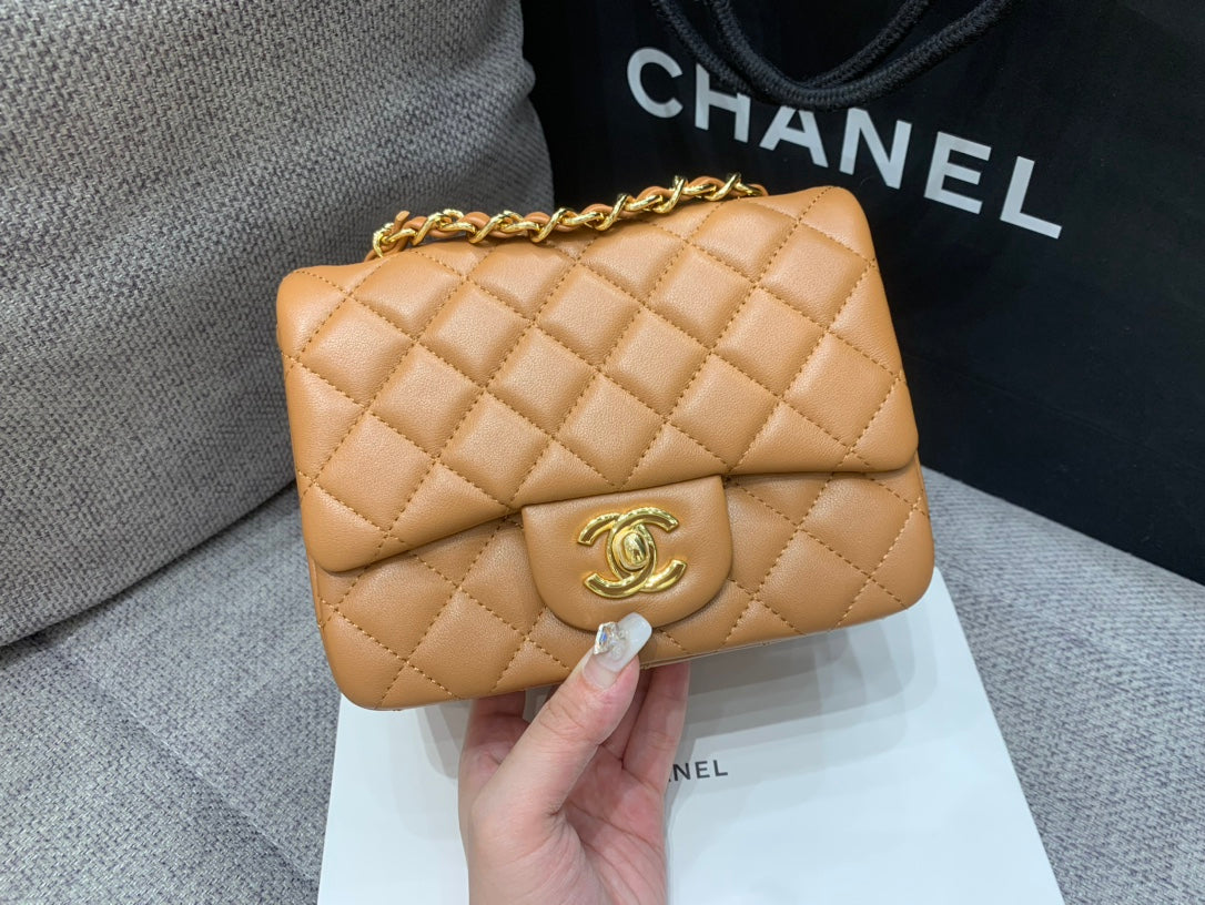 CHANEL MINI SQUARE FLAP BAG 17CM BROWN LAMBSKIN GOLD HARDWARE