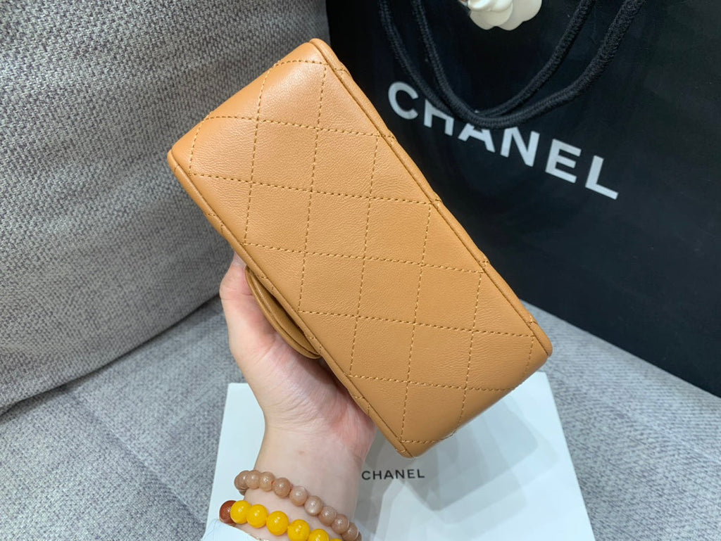 CHANEL MINI SQUARE FLAP BAG 17CM BROWN LAMBSKIN GOLD HARDWARE
