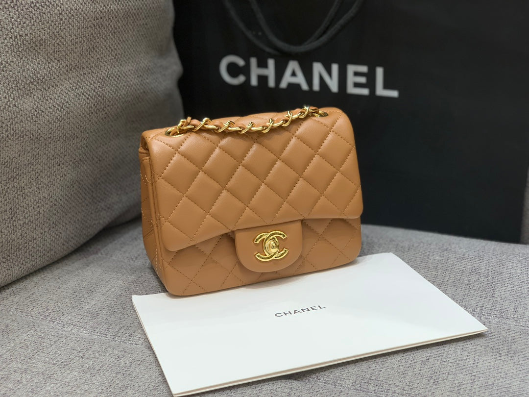 CHANEL MINI SQUARE FLAP BAG 17CM BROWN LAMBSKIN GOLD HARDWARE