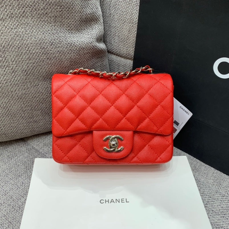 CHANEL MINI SQUARE FLAP BAG 17CM RED CAVIAR SILVER HARDWARE