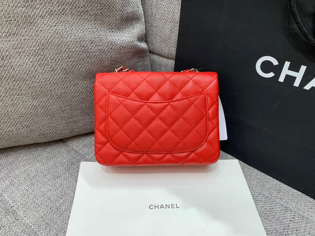 CHANEL MINI SQUARE FLAP BAG 17CM RED CAVIAR SILVER HARDWARE