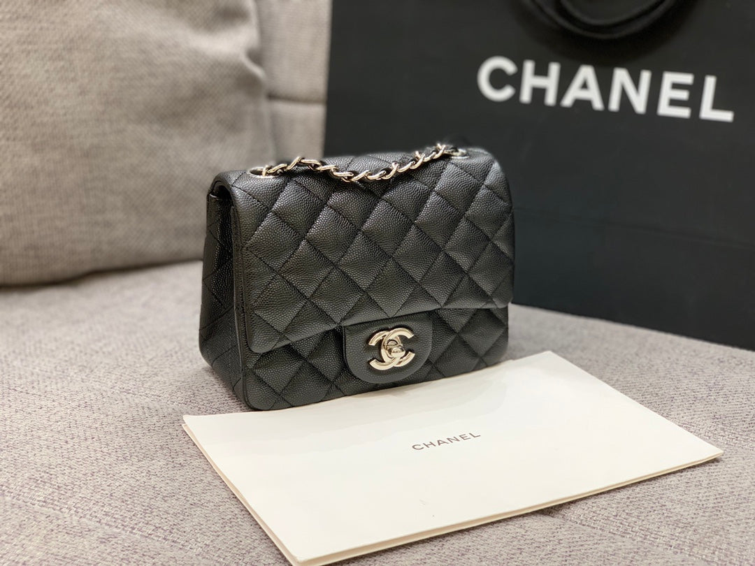 CHANEL MINI SQUARE FLAP BAG 17CM BLACK CAVIAR SILVER HARDWARE