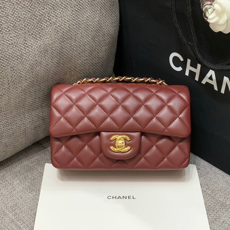 CHANEL MINI RECTANGLE FLAP BAG 20CM BURGUNDY LAMBSKIN GOLD HARDWARE
