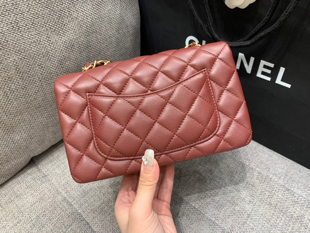 CHANEL MINI RECTANGLE FLAP BAG 20CM BURGUNDY LAMBSKIN GOLD HARDWARE
