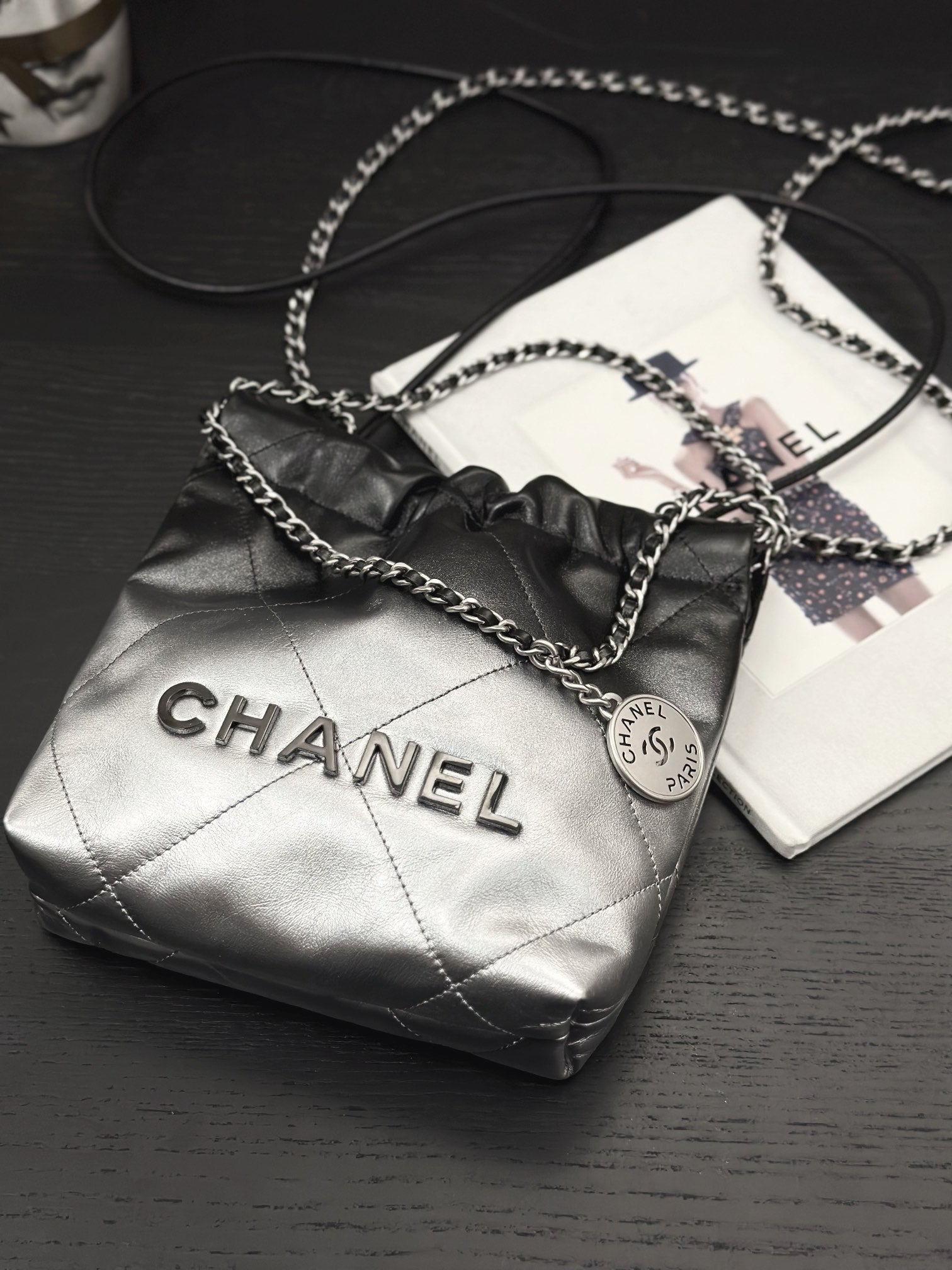 CHANEL HOBO MINI 20CM BLACK GREY LAMBSKIN SILVER HARDWARE