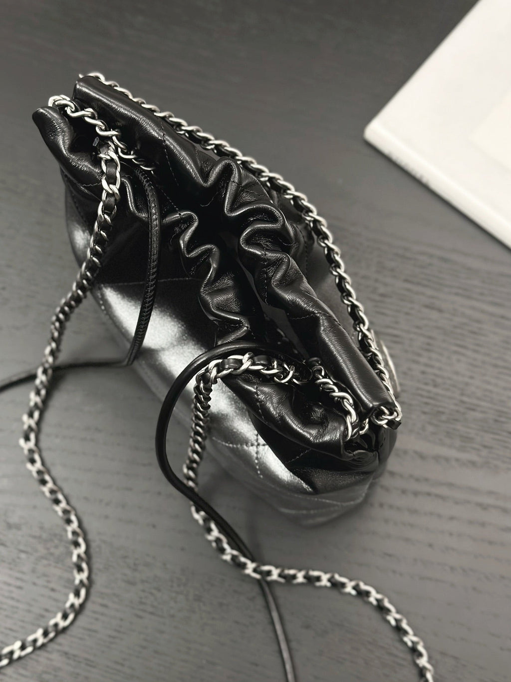 CHANEL HOBO MINI 20CM BLACK GREY LAMBSKIN SILVER HARDWARE