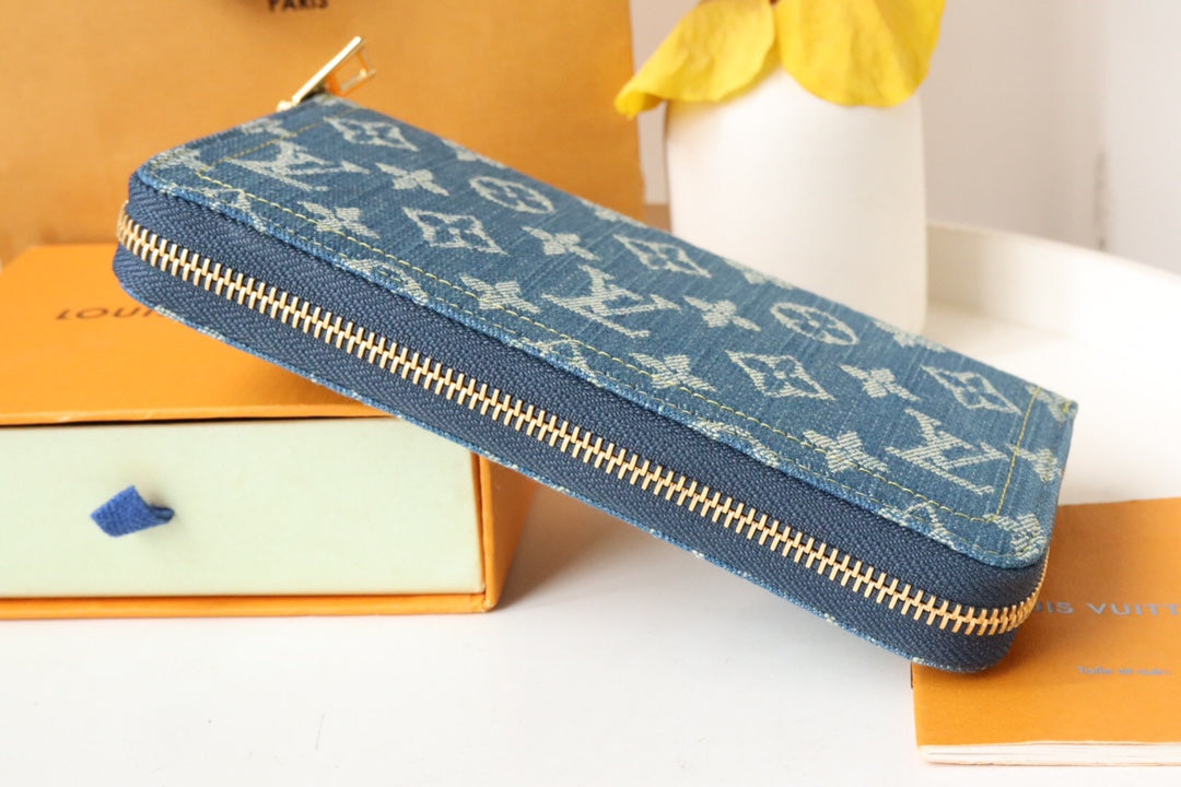 LOUIS VUITTON LV MONOGRAM DENIM LEATHER 19CM LONG WALLET