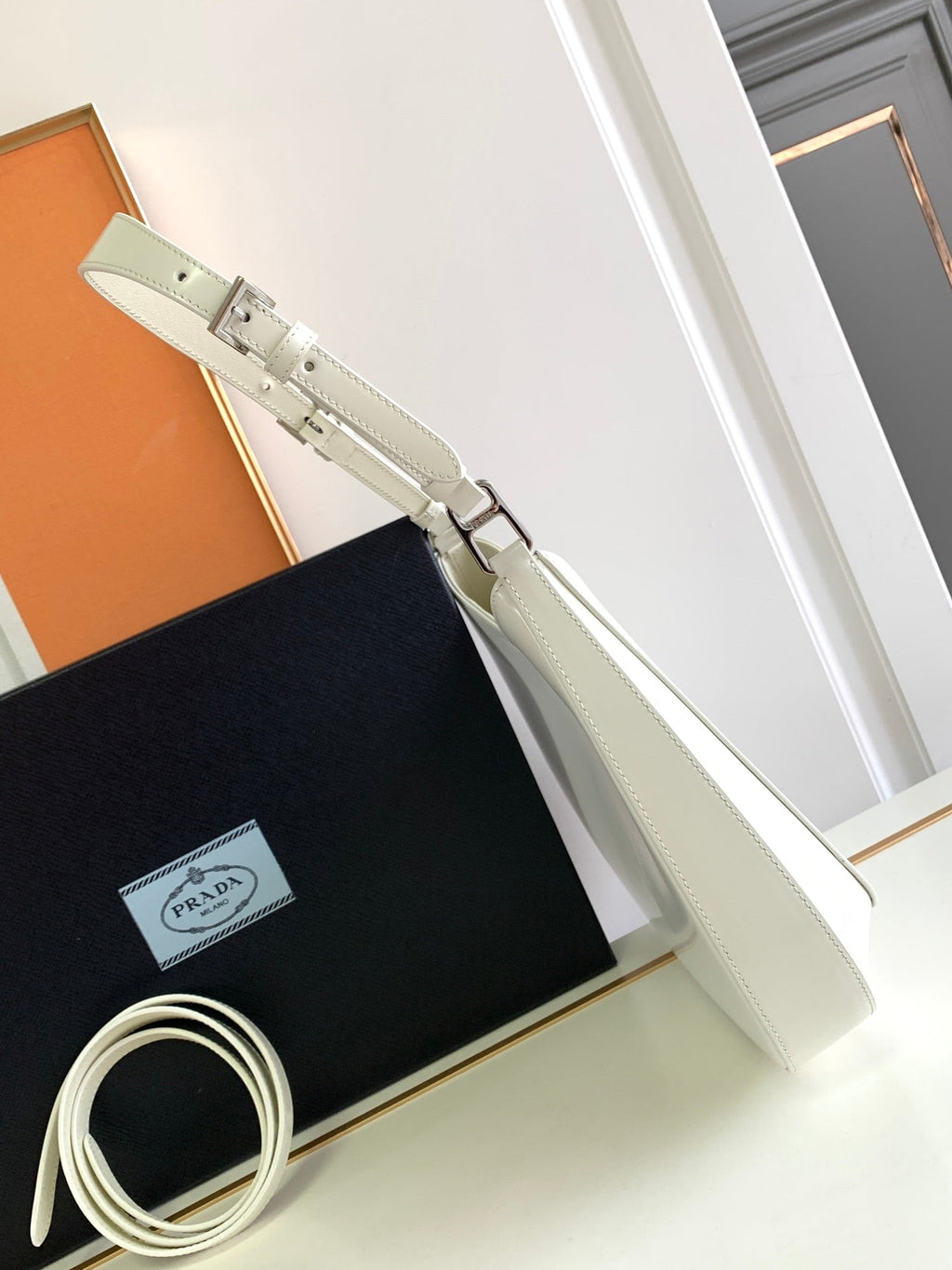 PRADA CLEO 30 WHITE BRUSHED LEATHER SHOULDER BAG