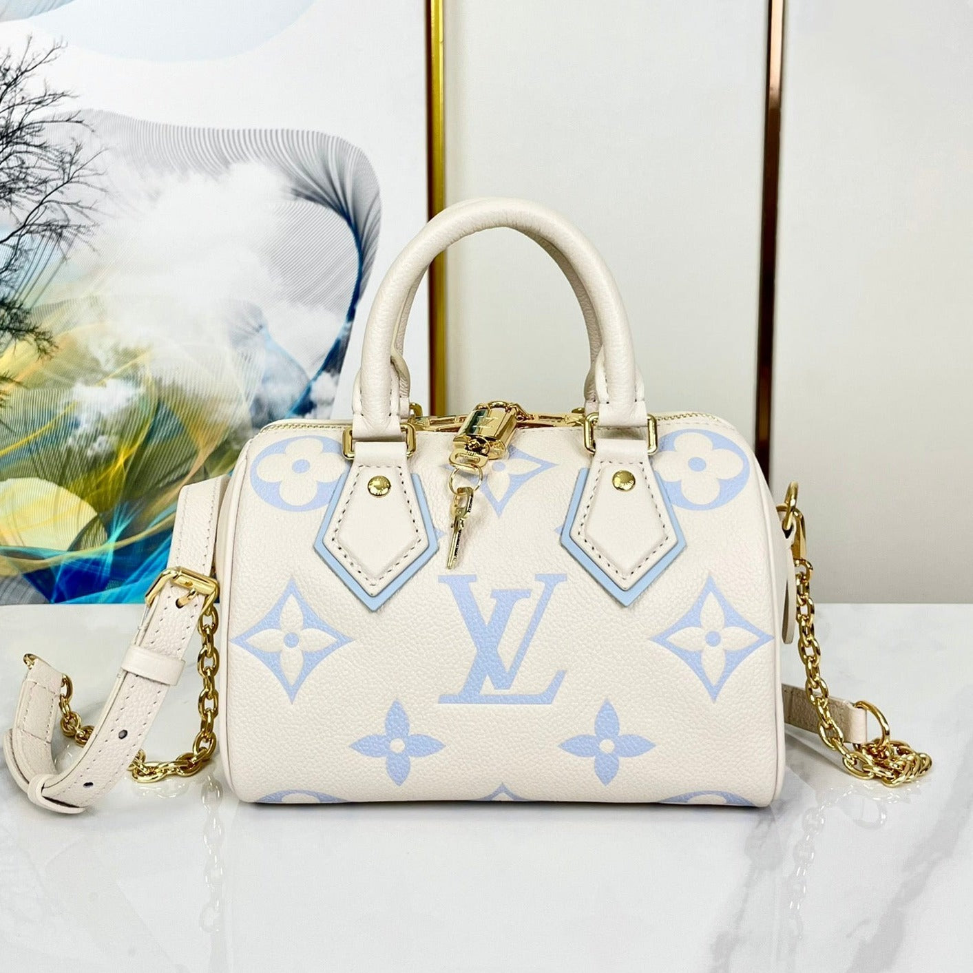 LOUIS VUITTON SPEEDY 20.5 WHITE BLUE MONOGRAM CANVAS