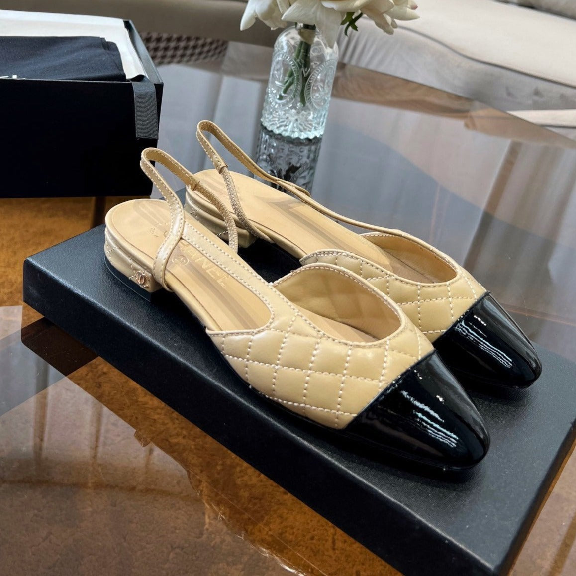 CHANEL slingbacks beige quilted calfskin