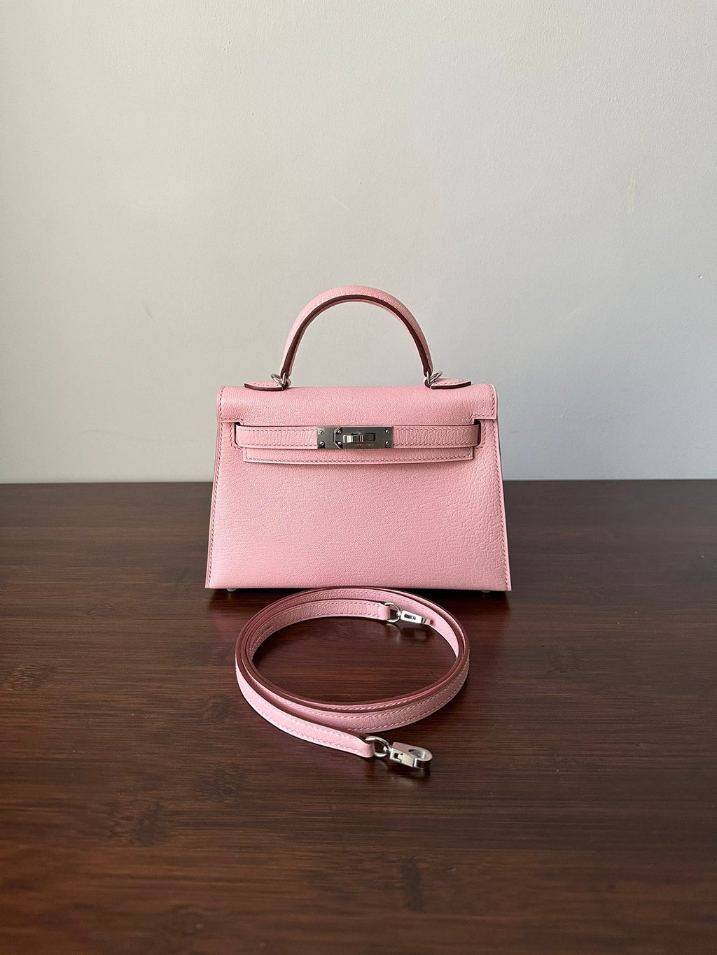 HERMES KELLY MINI 19 PINK CHEVRE SILVER HARDWARE
